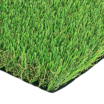 Synthetic grass, close view, M-shape blades, green and brown thatching, Emerald Green, Lime Green color turf.